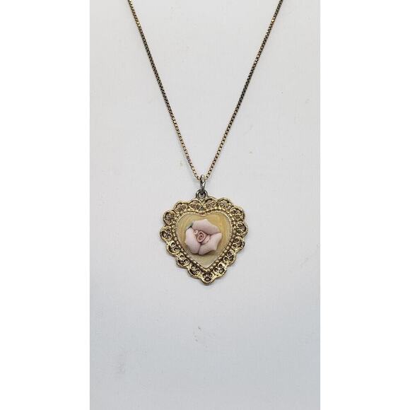 Vintage Heart Necklace Pink Porcelain Rose Gold Plated Filigree Artisan Handmade - Picture 2 of 12